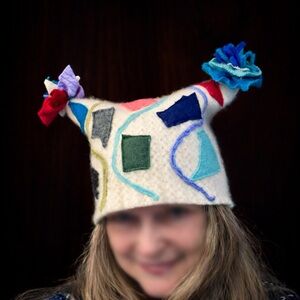 Handmade Upcycled Hat Horn Beanie Cashmere Cat Ears Pussyhat White Color Appliq